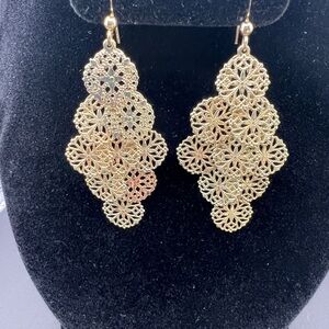 Vintage Style Filigree Dangle Earrings Gold Tone Lace Design-2 1/4” Drop